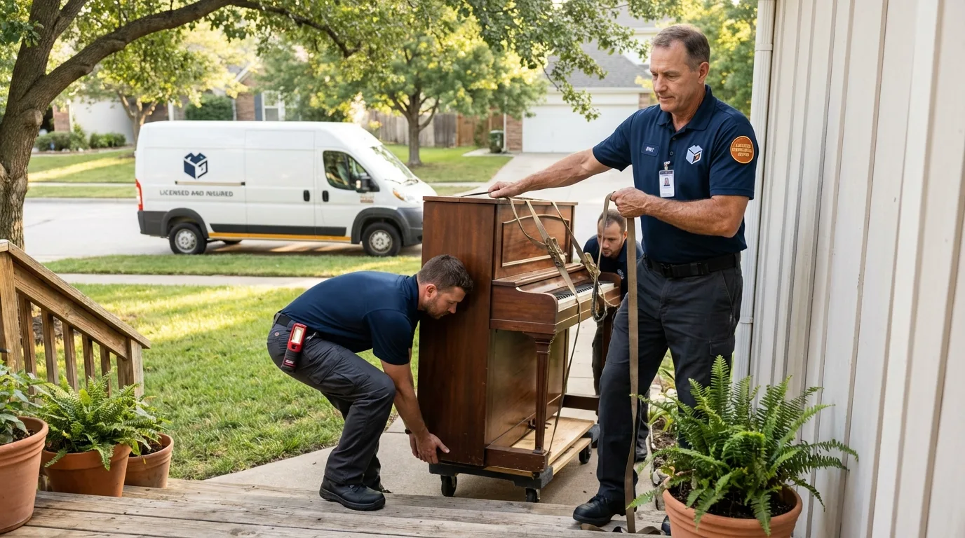 Licensed piano movers securing grand piano in Westborough, MA