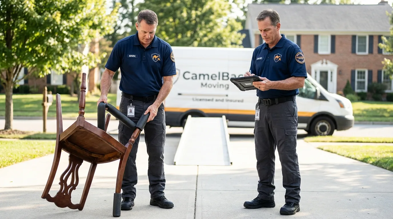 Movers inspecting furniture for damage prevention before loading in Westborough, MA