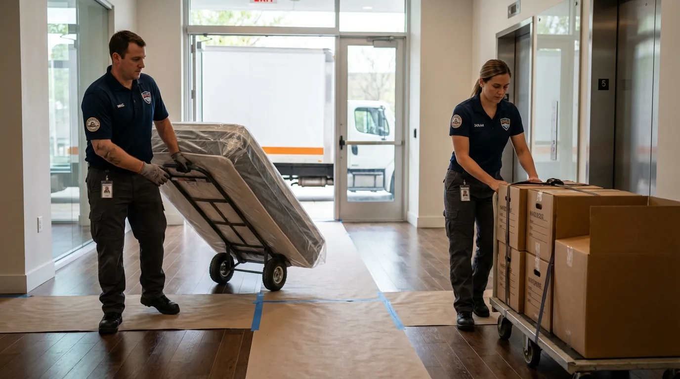 Professional apartment movers loading elevator in Westborough, MA