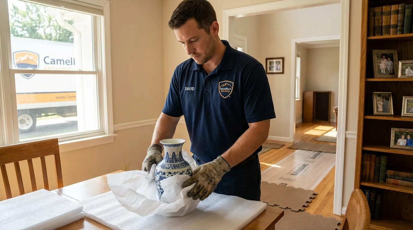Professional crew carefully wrapping antique vase for senior downsizing move in Westborough, MA